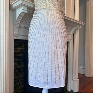 TORY BURCH 100% White Linen & Gold Sequin High Waist Pencil Skirt Size 2